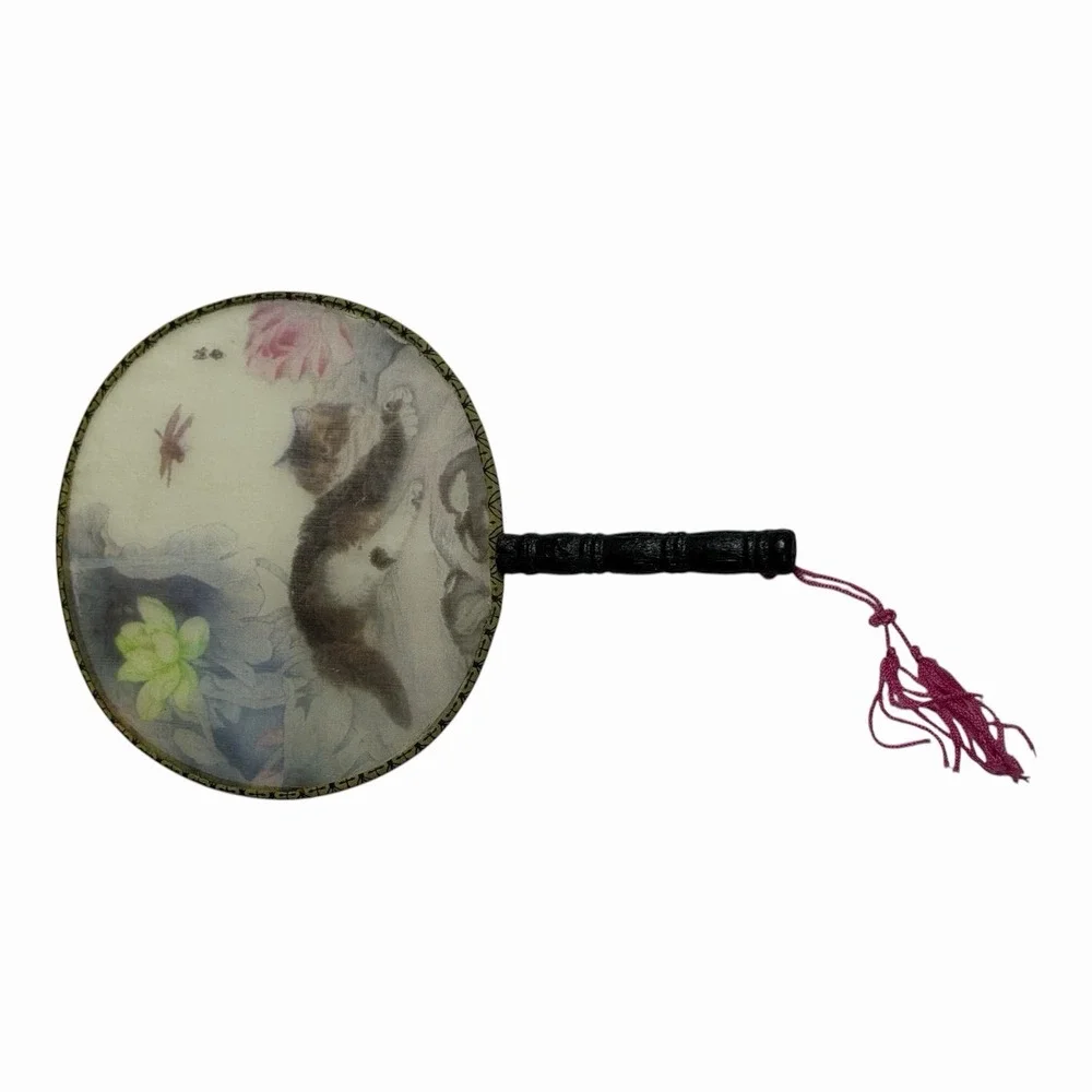 Double Sided Cat Decor Hand Held Painted Fan Chinese Han Ancient Round Fan